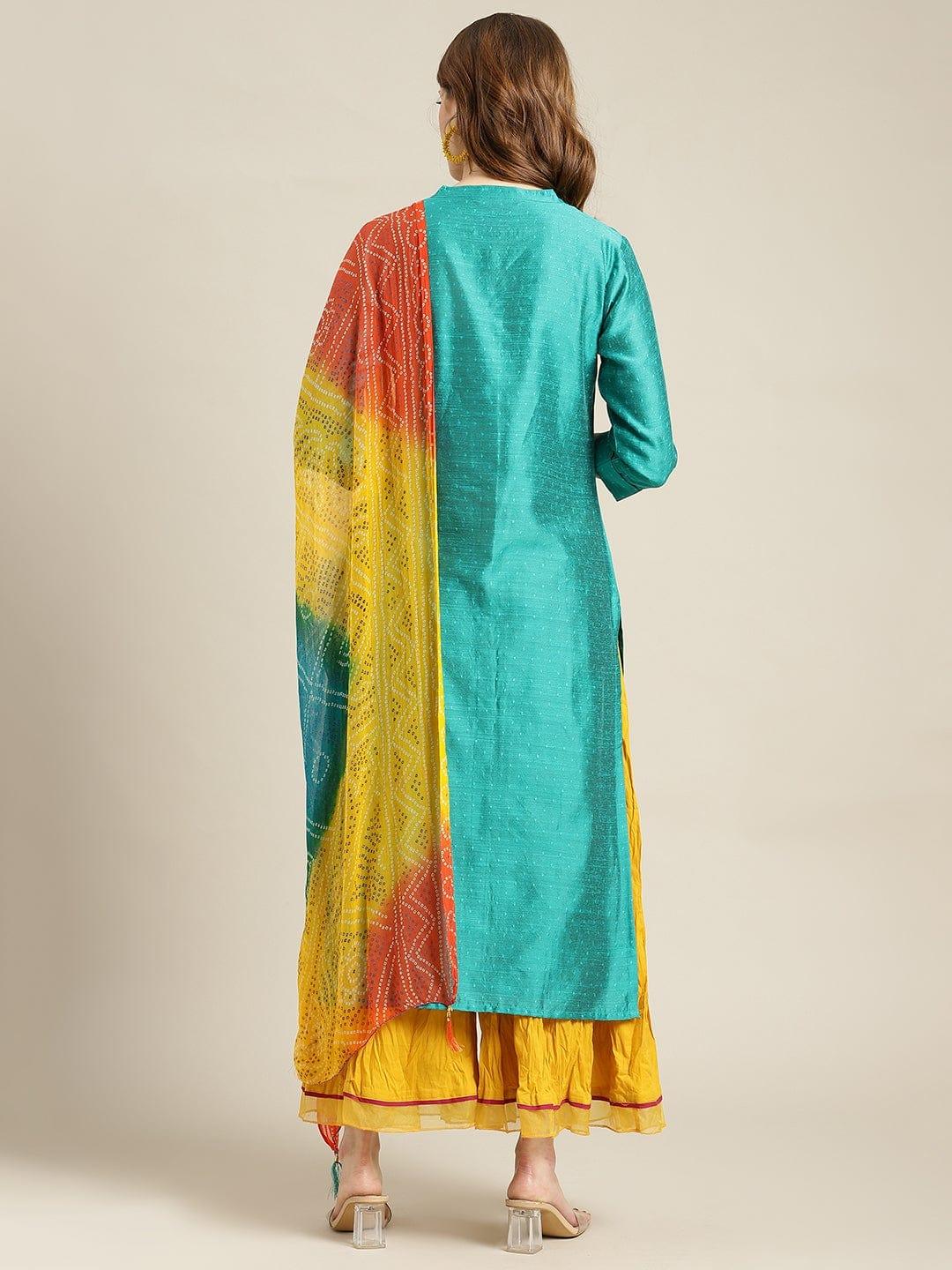 KSUT Turquoise Blue & Mustard Yellow Kurta With Palazzos & Dupatta - Indiakreations