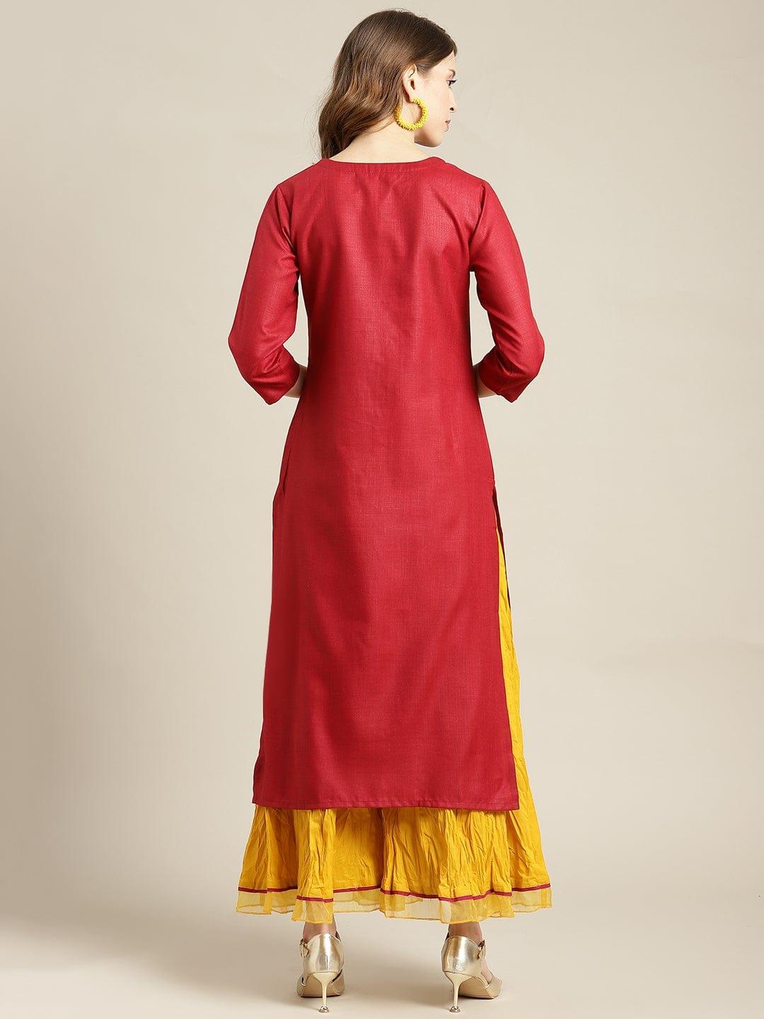 KSUT Maroon Ethnic Motifs Embroidered Layered Pure Cotton Kurti with Sharara & With Dupatta - Indiakreations