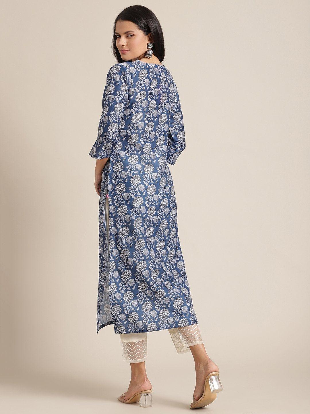 Blue Silk Floral Printed Kurta With Gota Work On Yoke And 3/4 Sleeves - Indiakreations