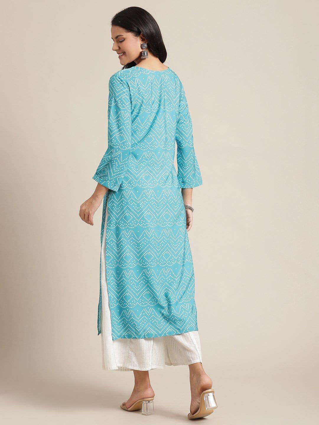 Turquoise Blue Bandhani Printed Kurta With Gota Embellished Yoke And Sleeves - Indiakreations