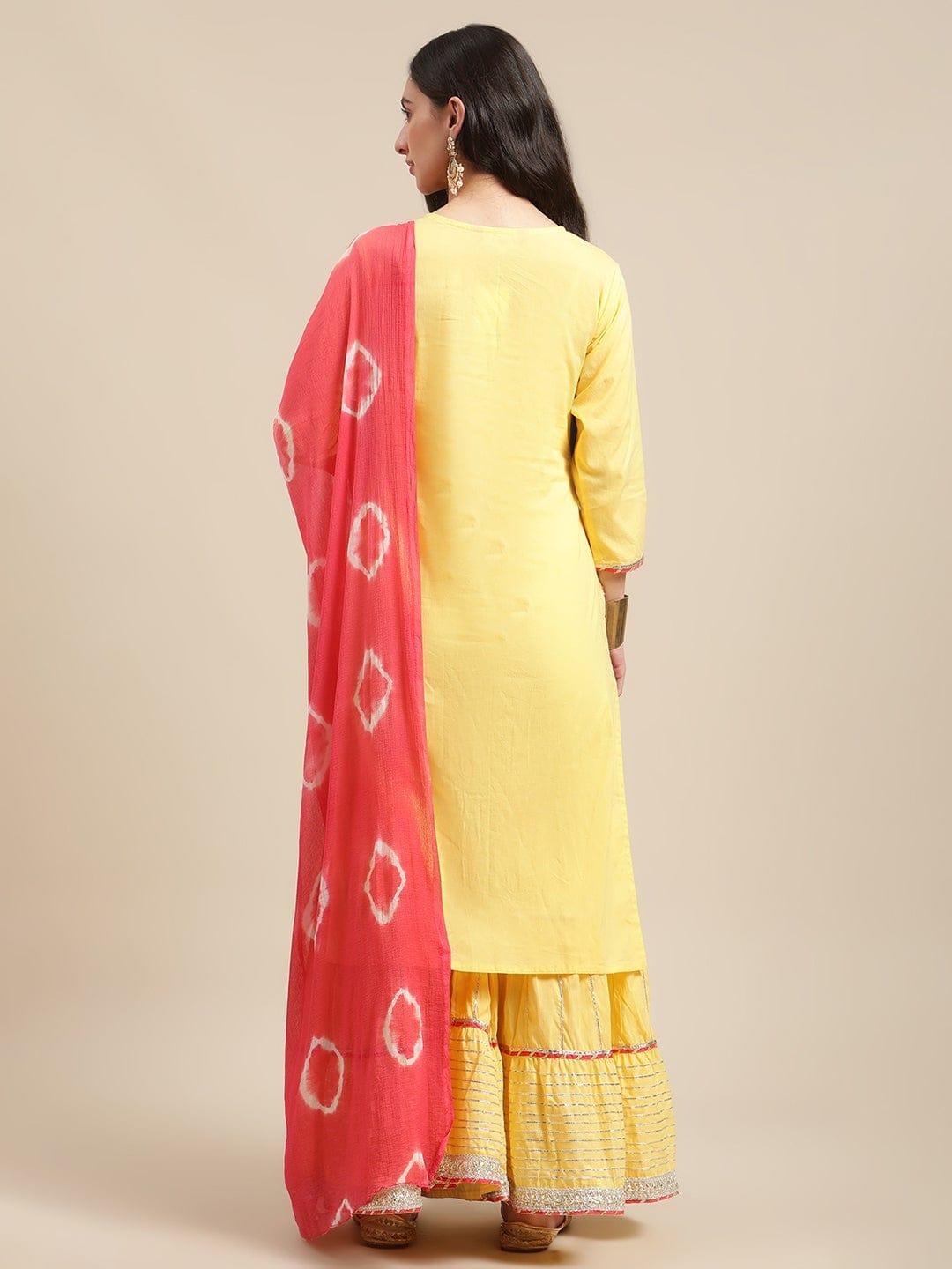 Yellow Heavy Gota Lace Embellished Kurta Sharara Set With Shibhori Dupatta - Indiakreations