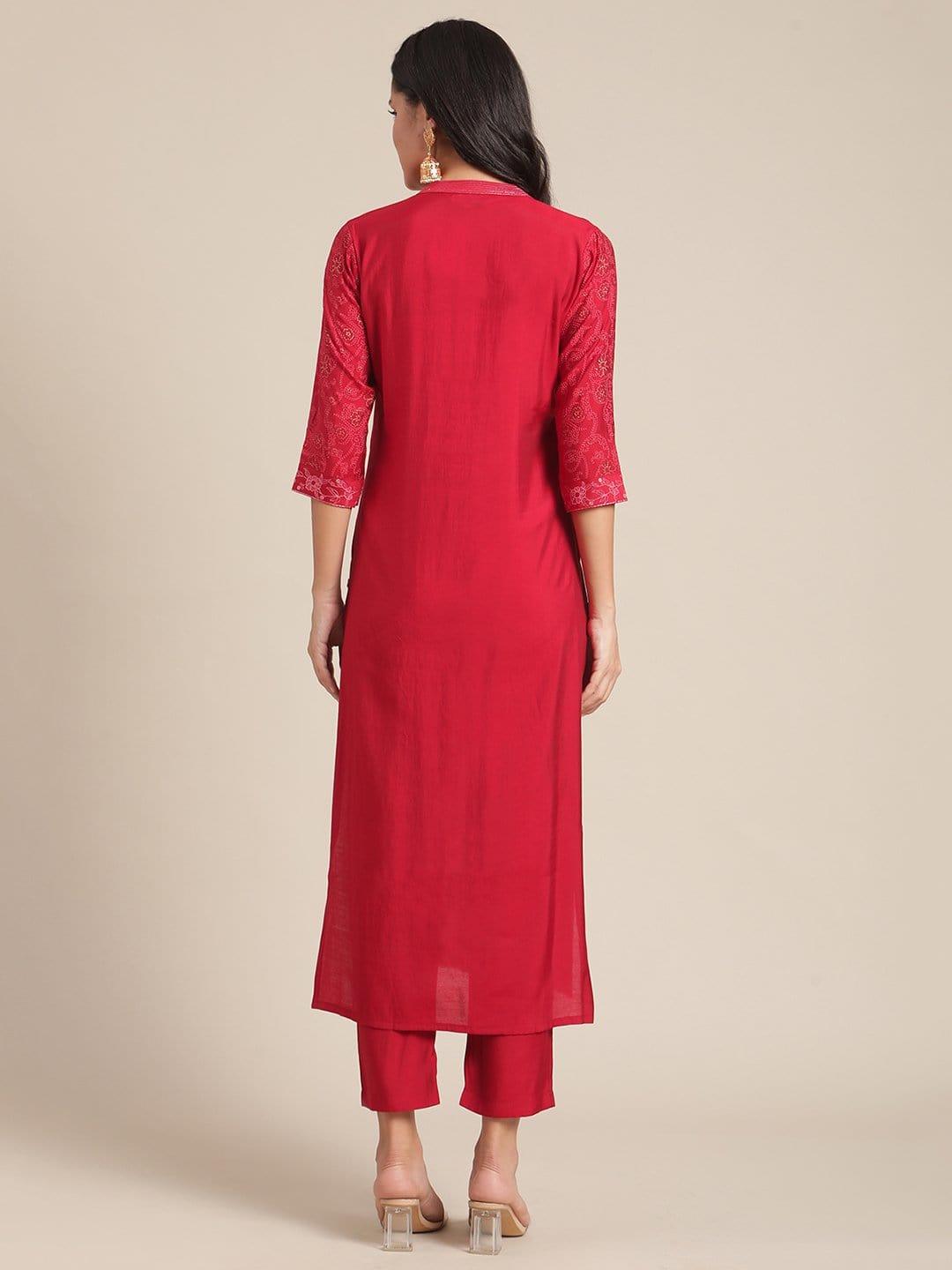 Red Printed Kurta Trouser Set With Thread Embroidery On Yoke - Indiakreations