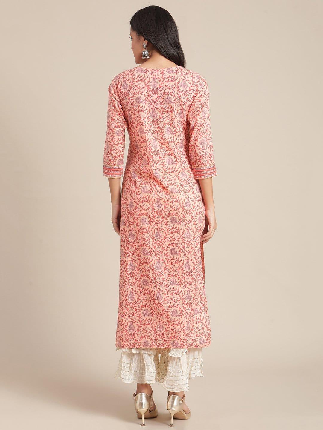 Peach floral cotton printed kurta with handwork detailing on the yoke - Indiakreations