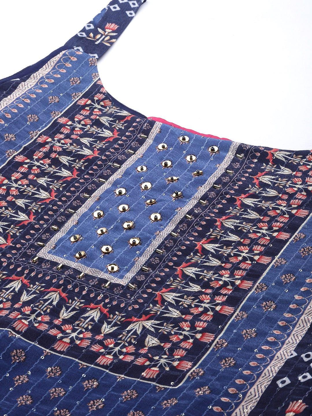 Varanga Women Navy Blue Ethnic Motifs Embroidered Sequinned Kurta with Trousers & With Dupatta - Indiakreations