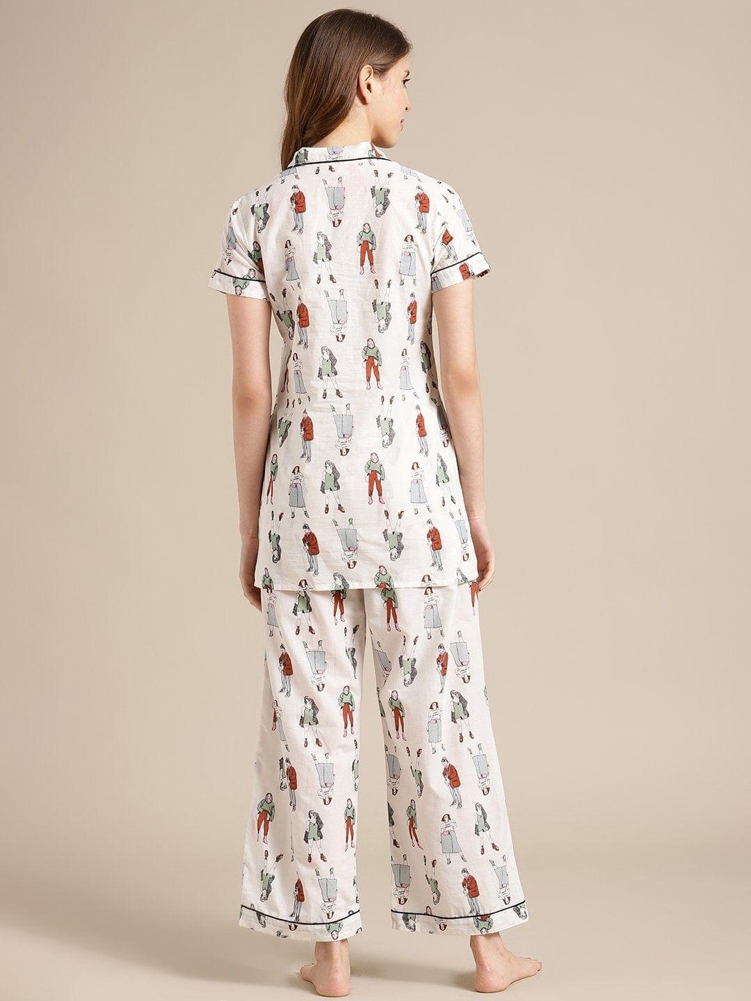 Off White Quirky Printed Launge Wear Set - Indiakreations