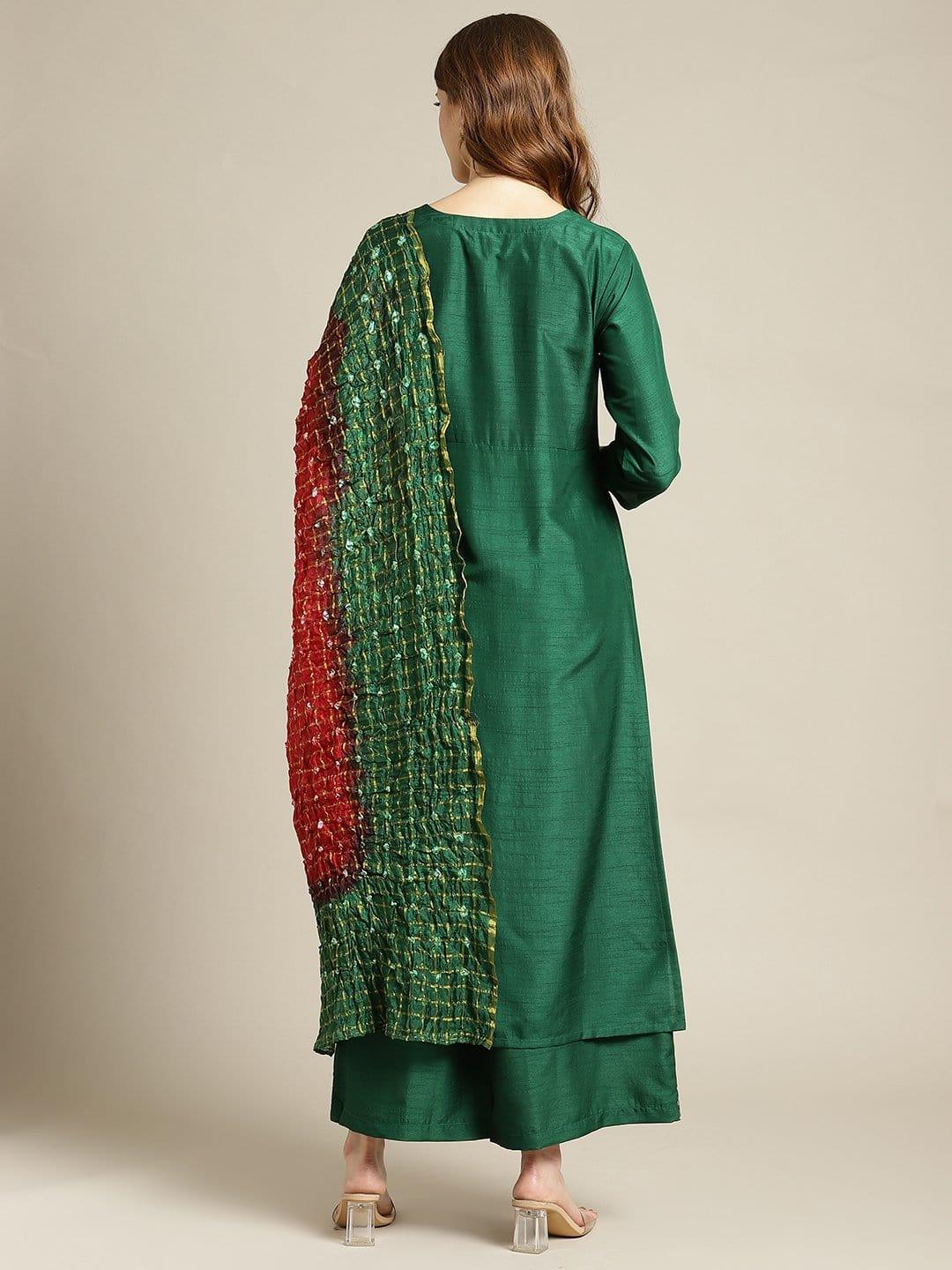 Bottle Green Sequins Work Embellished Kurta Palazzo Set With Maroon And Green Bandhej Dupatta - Indiakreations