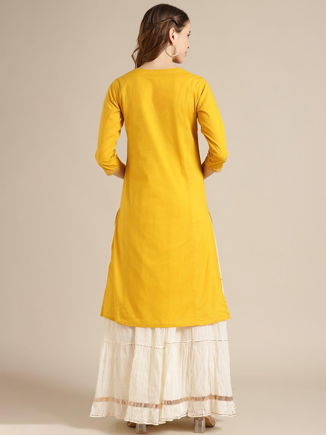 Mustard-Gota-Work-Kurta-With-Mulmul-Gota-Embellished-Tiered-Skirt - Indiakreations