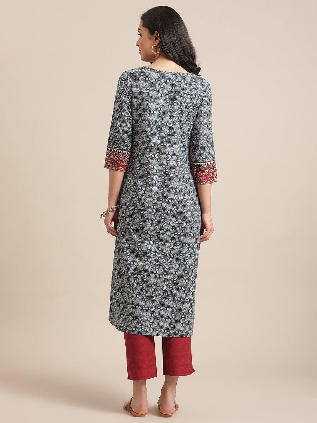 Blue And Maroon Printed Round Neck Straight Kurta With Contrast Printed Yoke And 3/4Th Regular Sleeves - Indiakreations