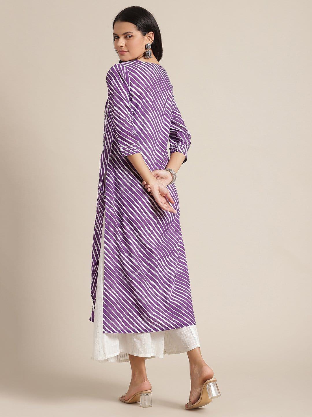 Purple leheriya printed kurta with gota embellished yoke and sleeves. - Indiakreations