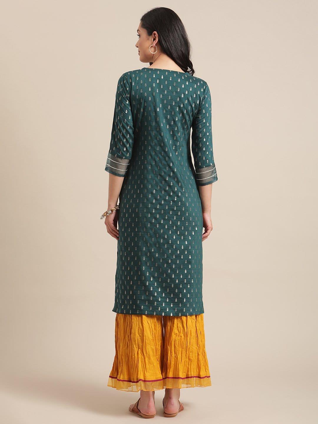 Teal And Gold Foil Printed And Floral Embroidery Kurta With Organza Gota Embellished Sleeves - Indiakreations