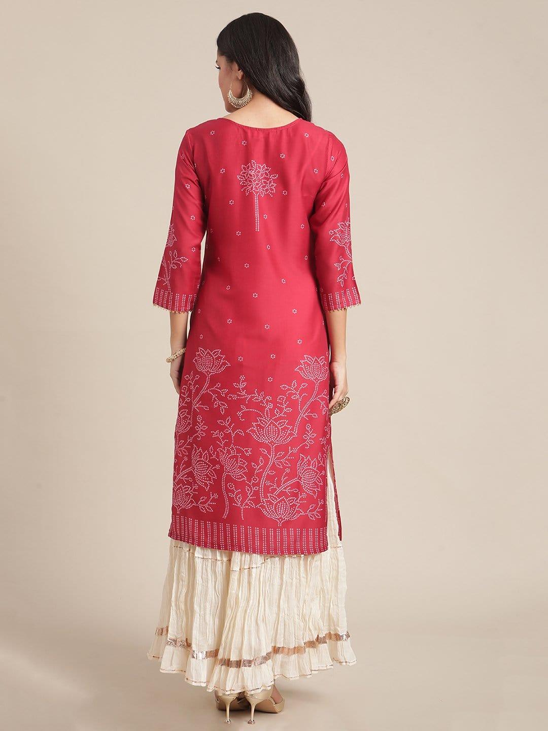 Silk Red Bandhani Printed Kurta With Gota Embellished Yoke And Sleeves - Indiakreations