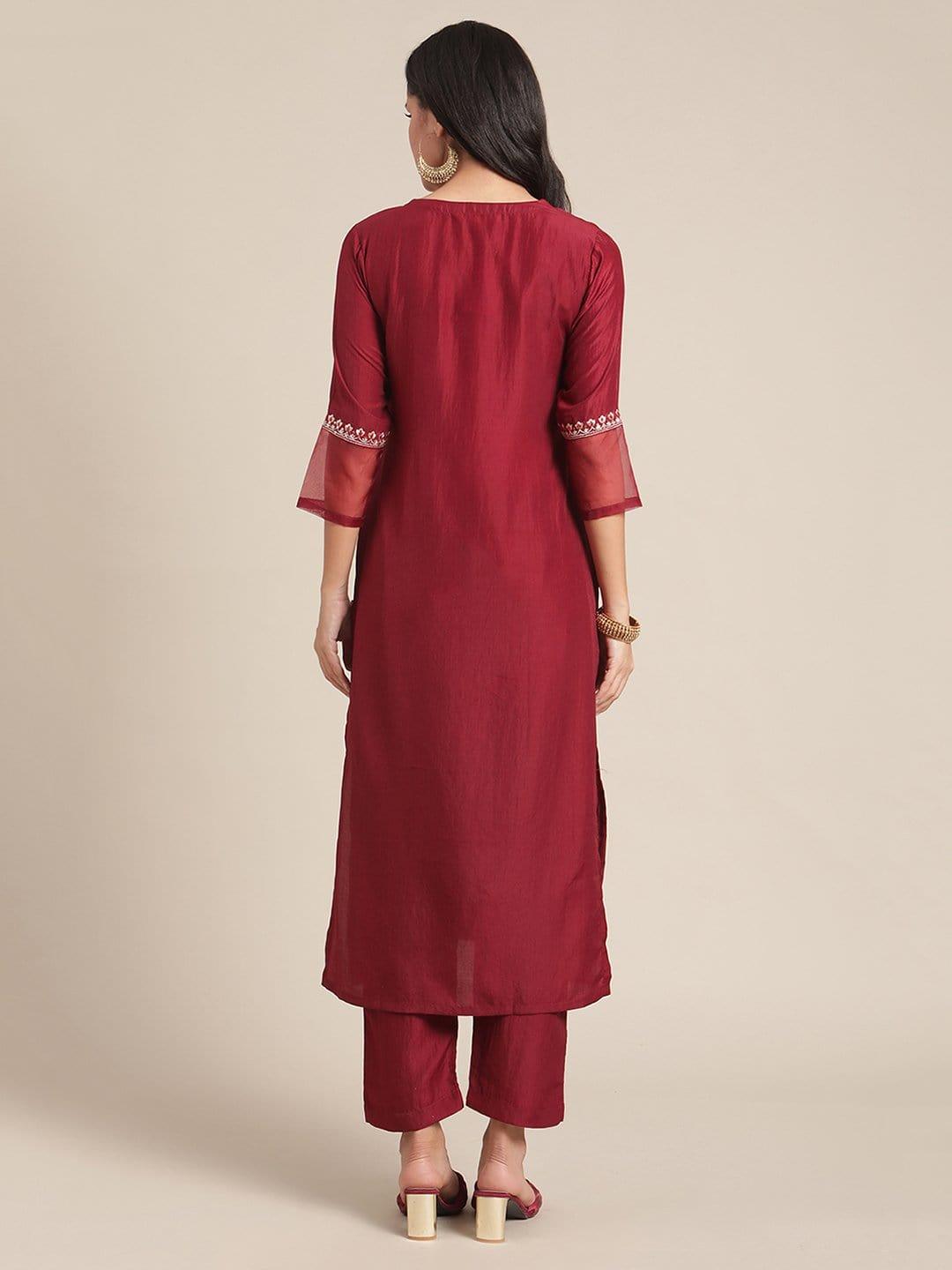 Maroon Embroidred Yoke Straight Kurta With Round Neck And Sleeve With Orgaza,Paired With Trouser - Indiakreations