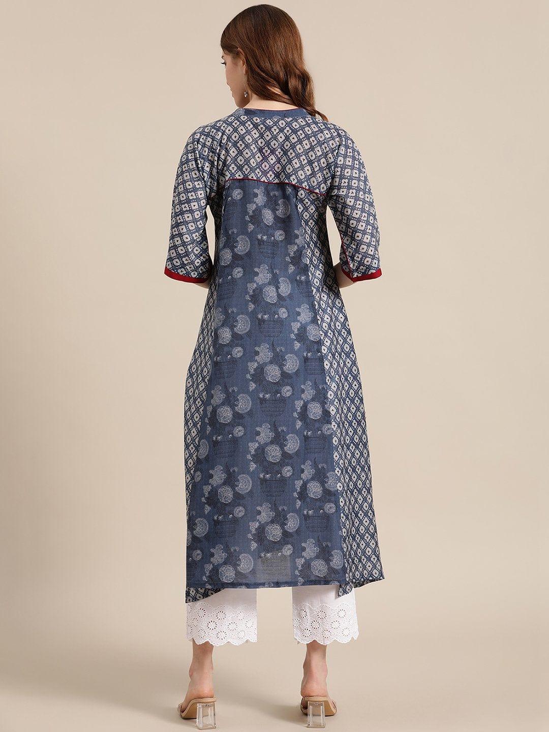 Indigo And Beige printed panelled kurta with scalloped shifflie palazzo - Indiakreations