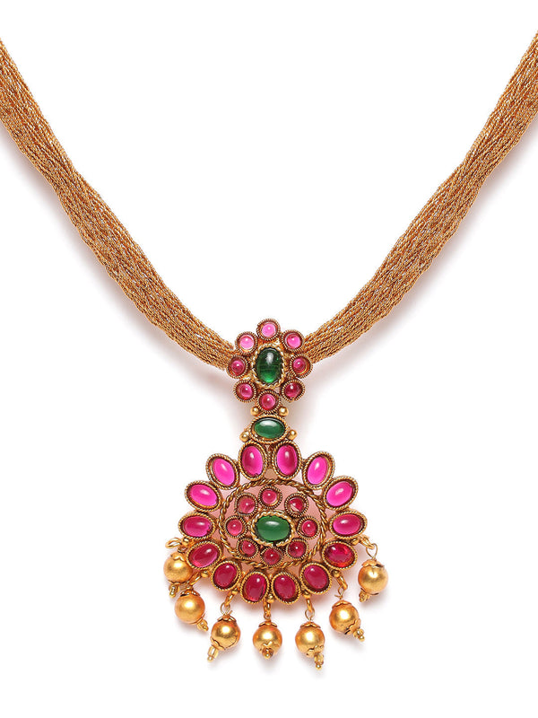 Women's Gold-Plated Pink & Green Stone-Studded & Beaded Handcrafted Jewellery Set - Jazz and Sizzle