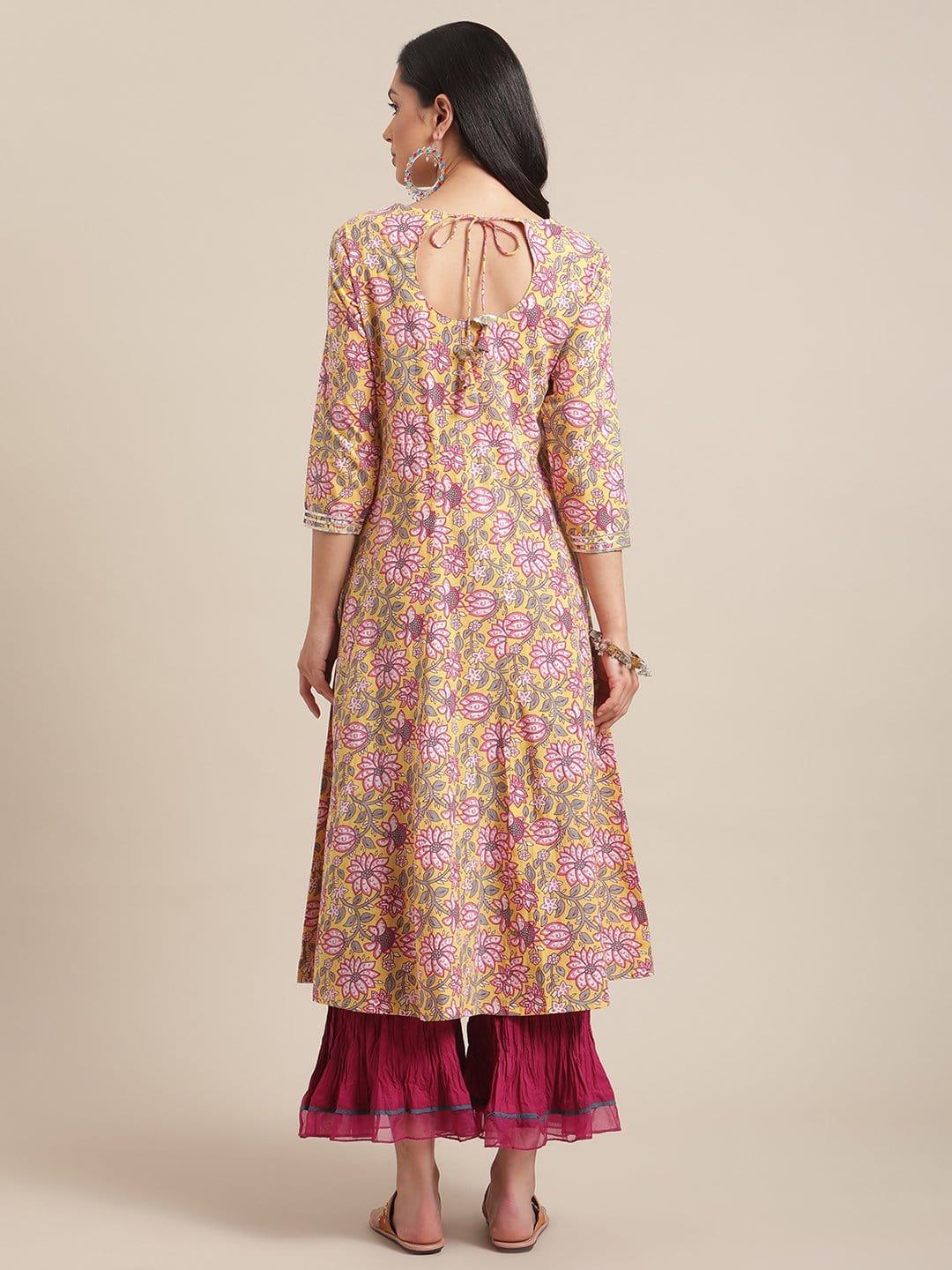 Yellow And Pink Floral Printed Flared Anarkali Kurta With Round Neck And Regular Sleeve - Indiakreations