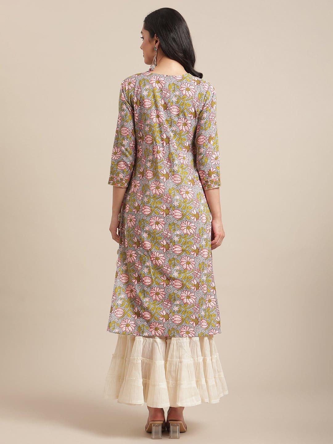 Grey And Peach Floral Printed Gota Work Straight Kurta With 3/4Th Sleeves - Indiakreations