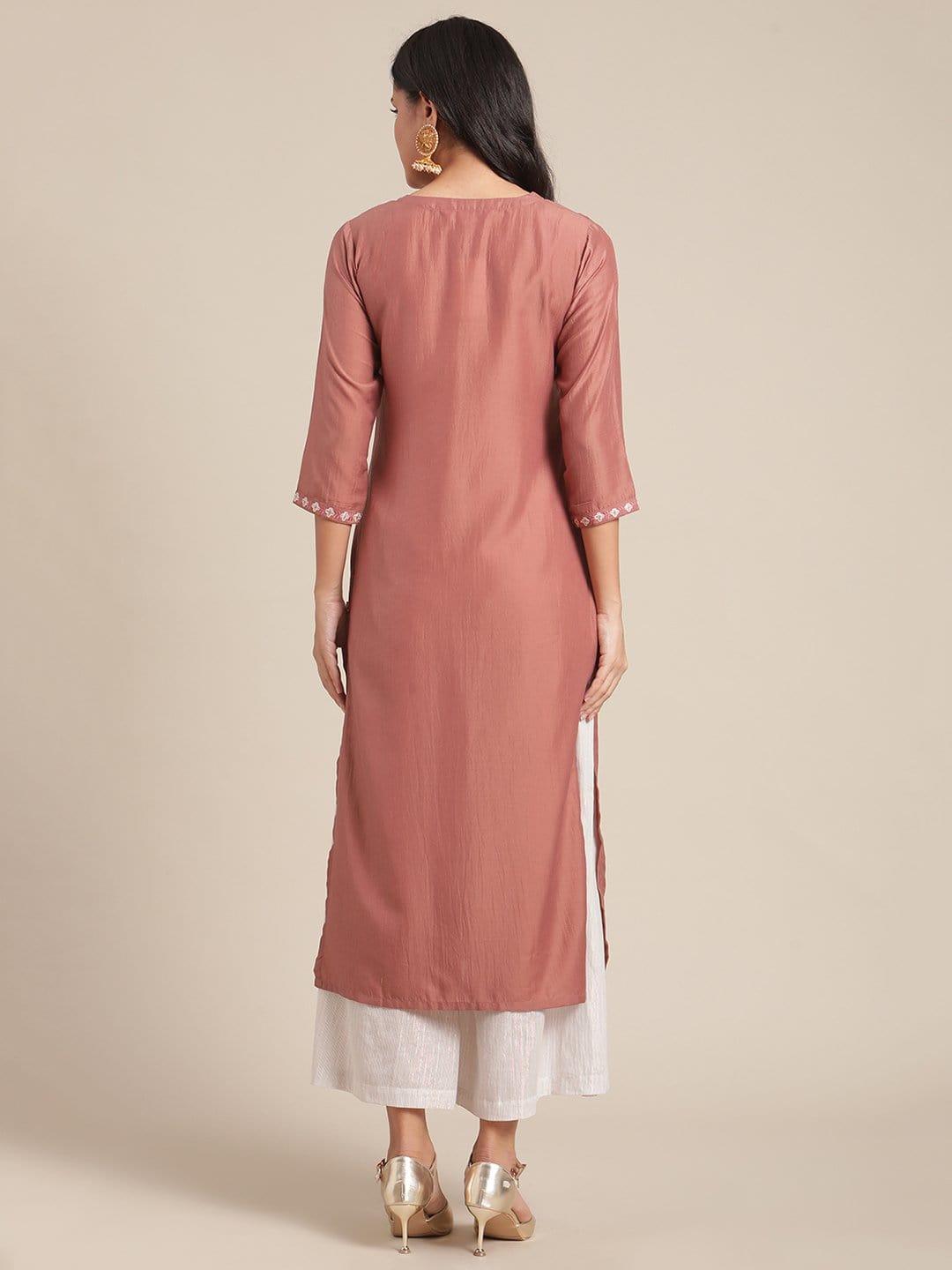 Coral Embroidred Straight Kurta With Round Neckline And Regular Sleeve - Indiakreations