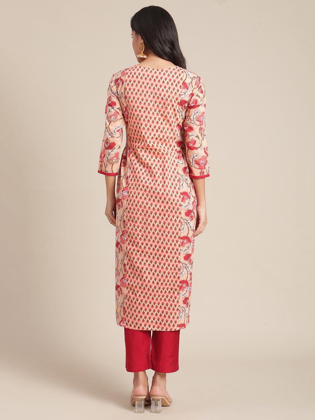 Varanga Peach And Red Floral Printed Kurta With V Neckilne And Regular Sleeves - Indiakreations