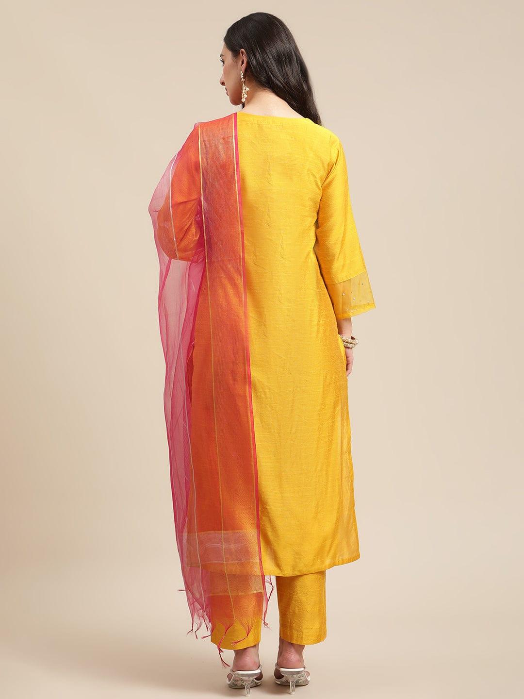 Mustard Heavy Yoke Embroidery Kurta Set With Pink Sheer Dupatta - Indiakreations