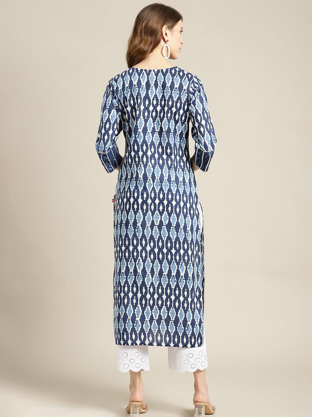 Blue And White Indigo Straight Kurta With Highlighted Yoke And Having Round Neck And 3/4Th Sleeves - Indiakreations