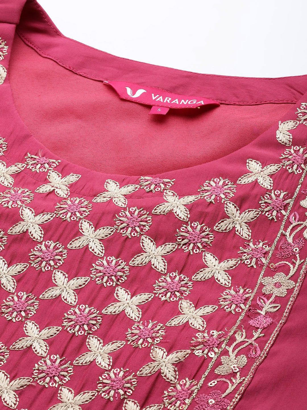 Varanga Women Pink Ethnic Motifs Embroidered Thread Work Kurta with Trousers & With Dupatta - Indiakreations