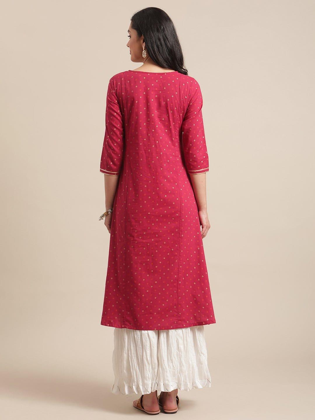 Magenta Zari Embroidery A Line Kurta With Off White Crushed Gota Palazzo - Indiakreations