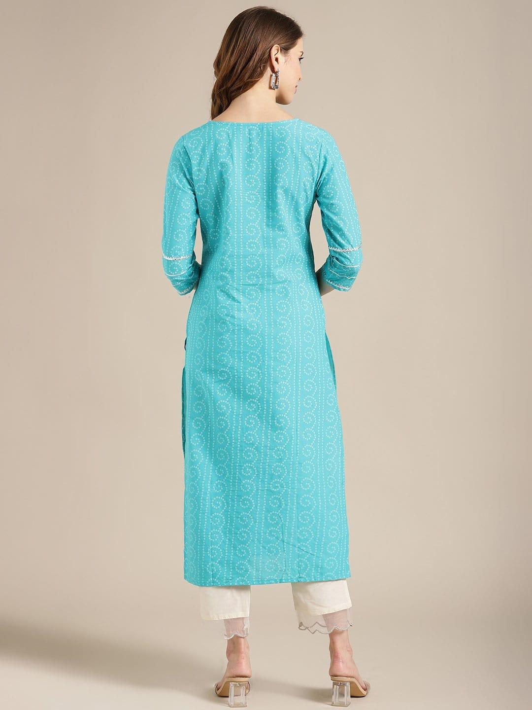 Blue And Off White Bandhej Printed Kurta With Gota Laces On Yoke And Sleeves - Indiakreations