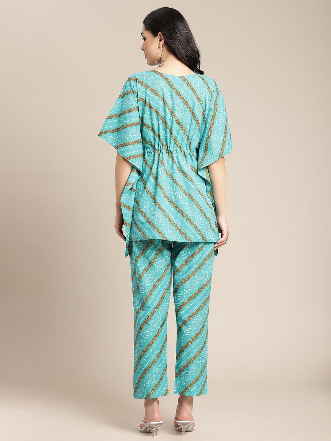 Turquoise Bandhani Printed Kaftaan With Straight Pants - Indiakreations