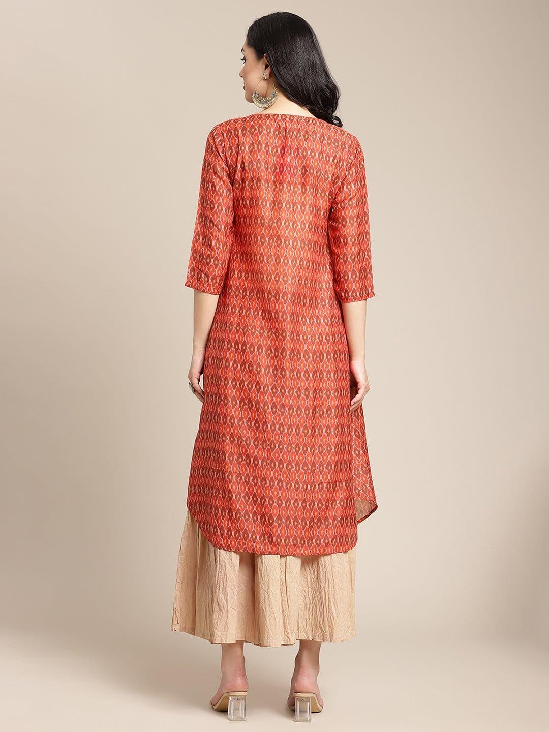 Rust Colored Round Neck Ikat Printed A-Line Kurta With3/4Th Sleeves - Indiakreations