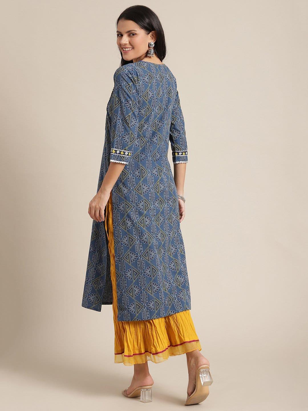 Navy Blue Printed Gota Embellished Kurta With Mustard Crushed Organza Embellished Palazzo - Indiakreations