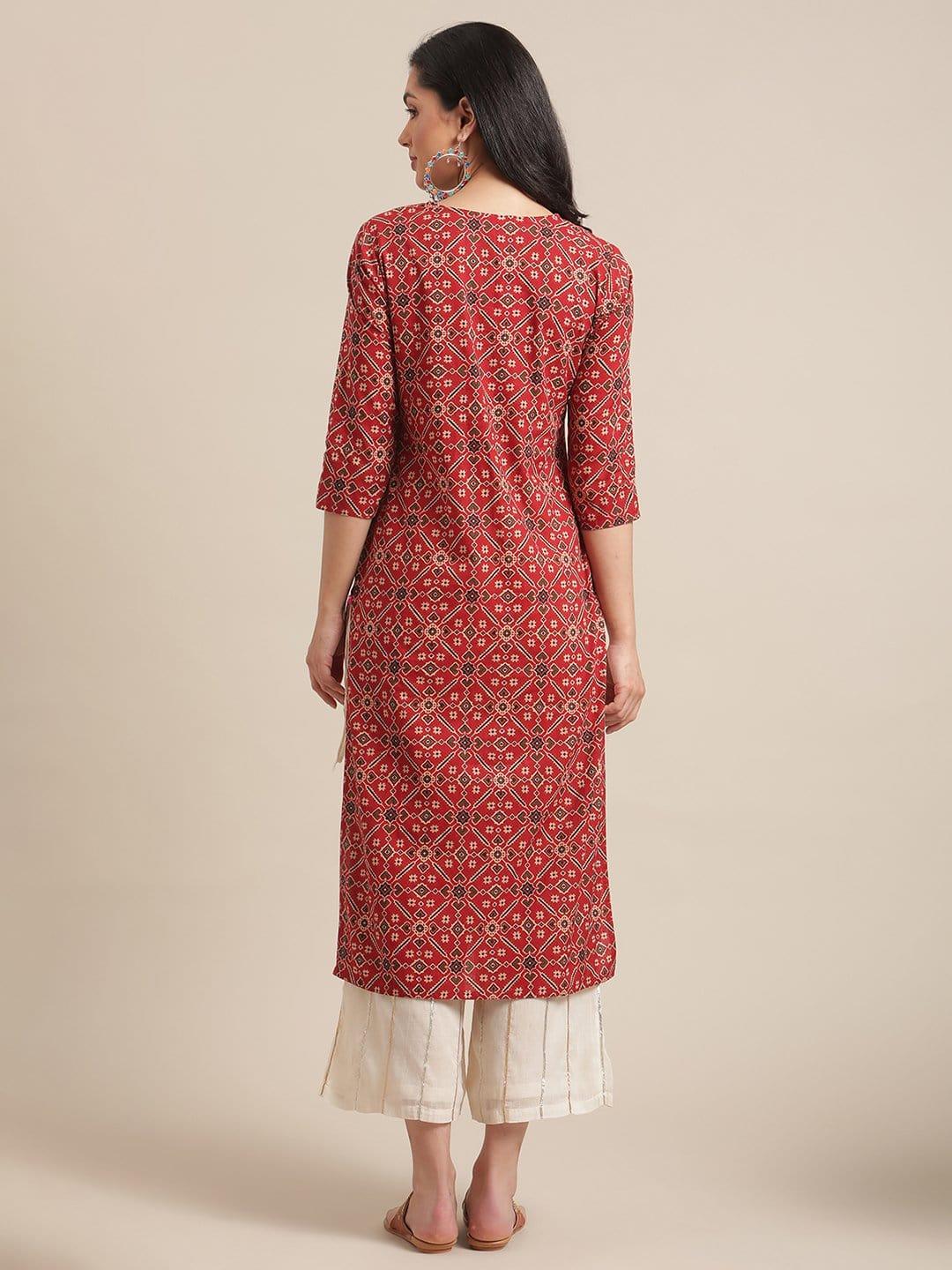 Maroon And Beige Abstract Printed Kurta With Gota Embellished Yoke And 3/4Th Sleeves - Indiakreations