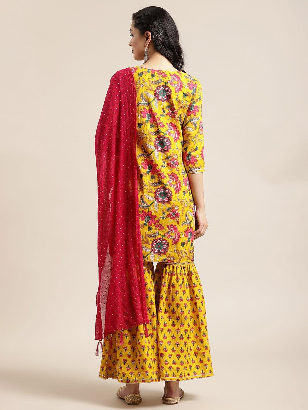 Yellow And Pink Floral Printed Round Neckline Kurta Having Gota Work On Yoke Nad Paired With Sharara And Contrast Pink Dupatta - Indiakreations