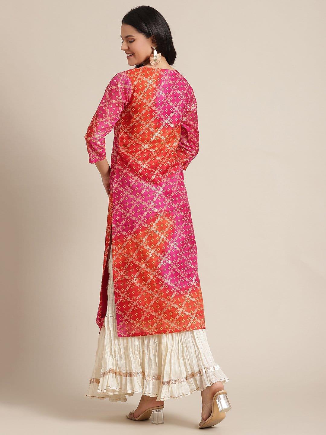 KSUT Pink Bandhej Foil Printed Kurta With Dori And Zari Embroidery On Yoke - Indiakreations