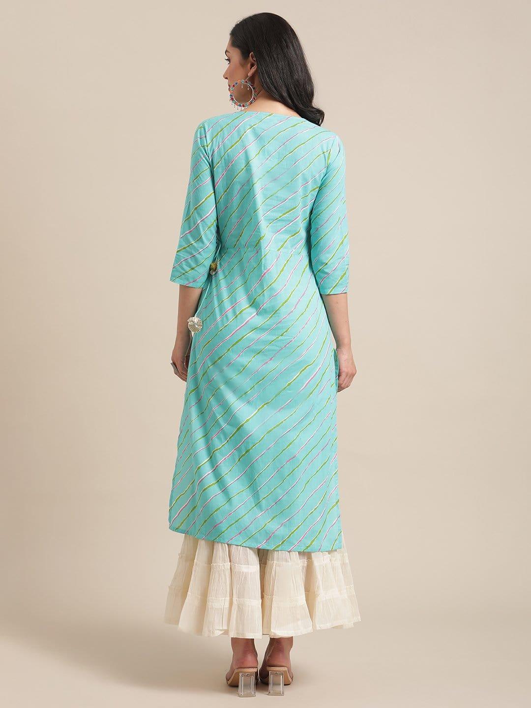 Turquoise And Pink Leheriya Printed Kurta With Gota Embellished Yoke - Indiakreations