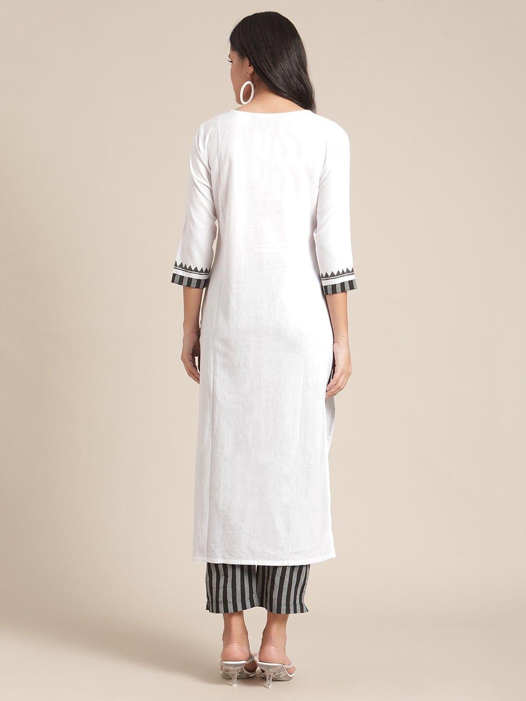 KSUT White & Black Ethnic Motifs Block Printed & Kantha Work Kurta with Trousers - Indiakreations