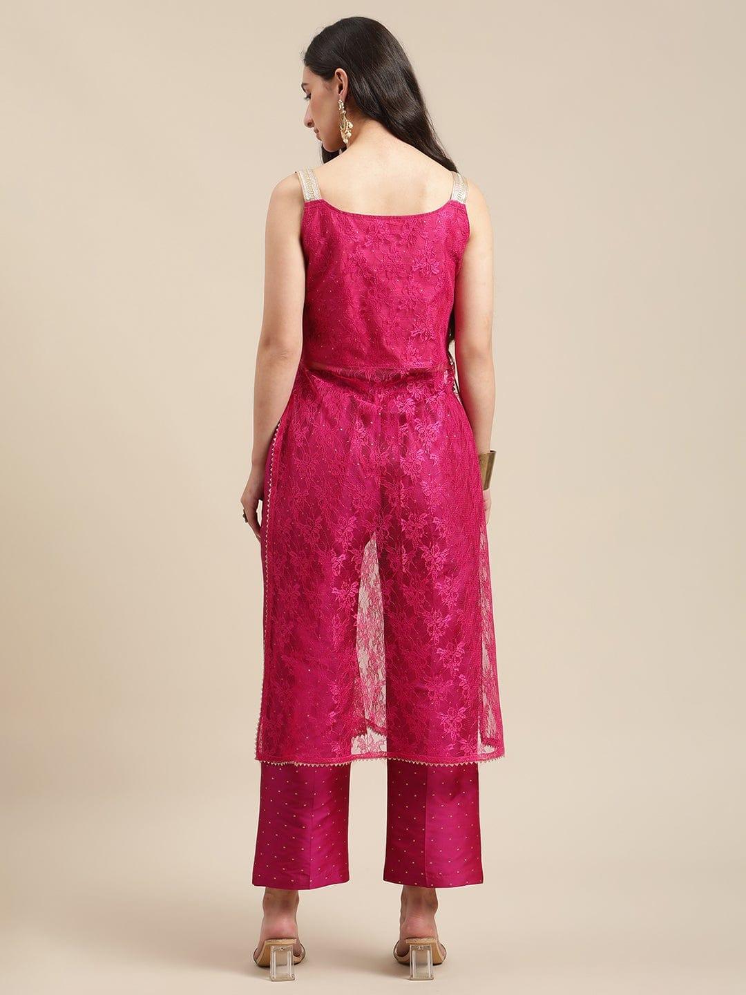 Magenta Sweatheart Neckline Shape Net Strap Straight Kurta With Flared Sharara - Indiakreations