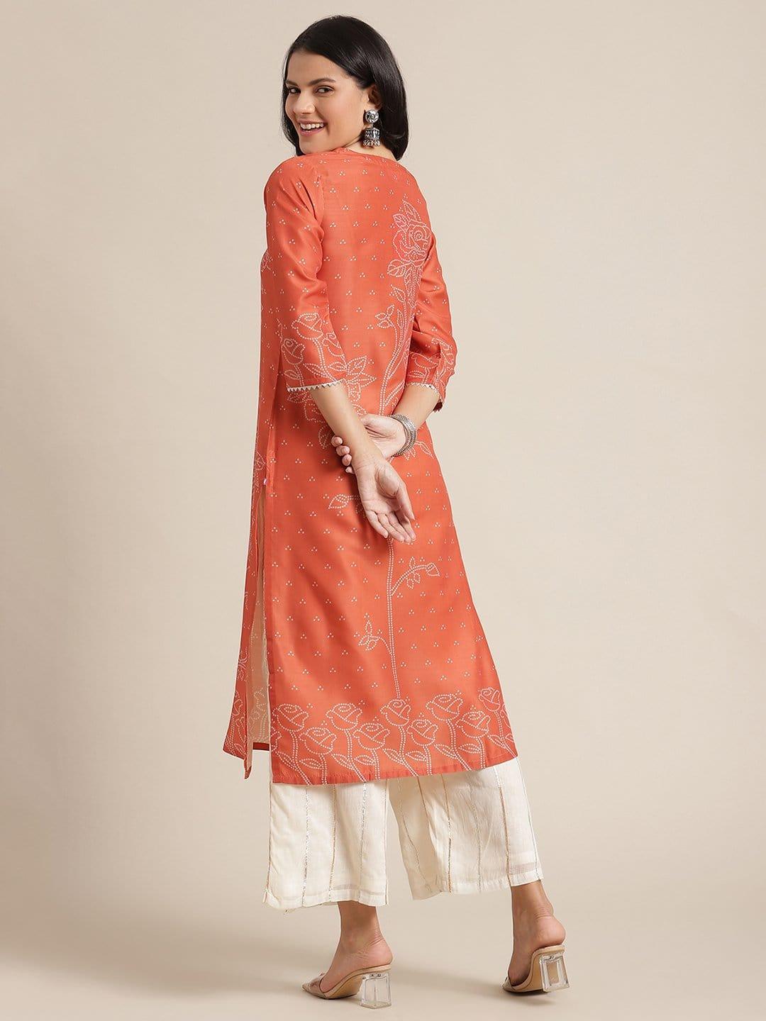 Orange And Off White Bandhani Print Kurta With Gota Embellishment On Yoke And Sleeves - Indiakreations