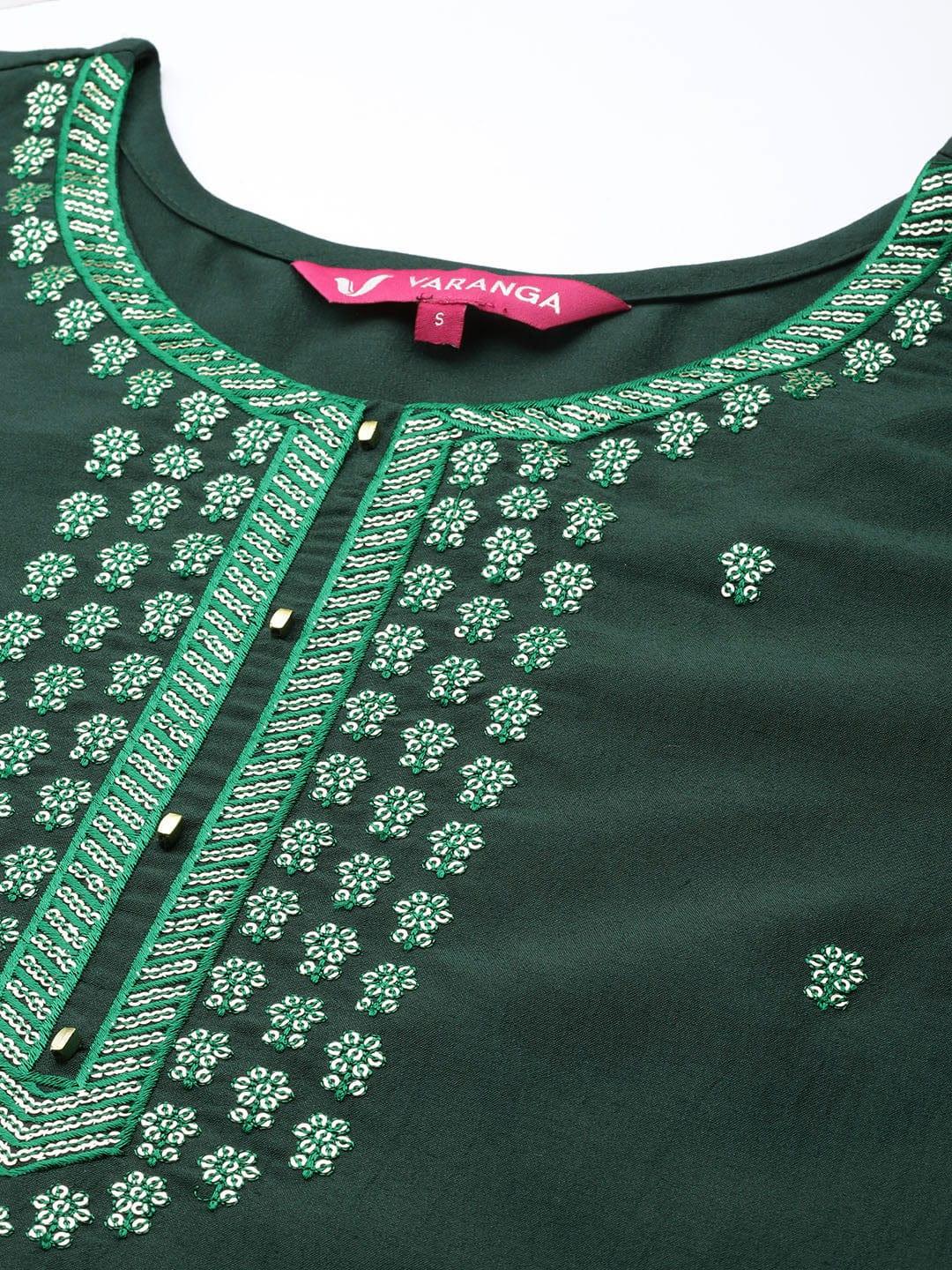 Varanga Women Green Ethnic Motifs Embroidered Kurta with Trousers & Dupatta - Indiakreations