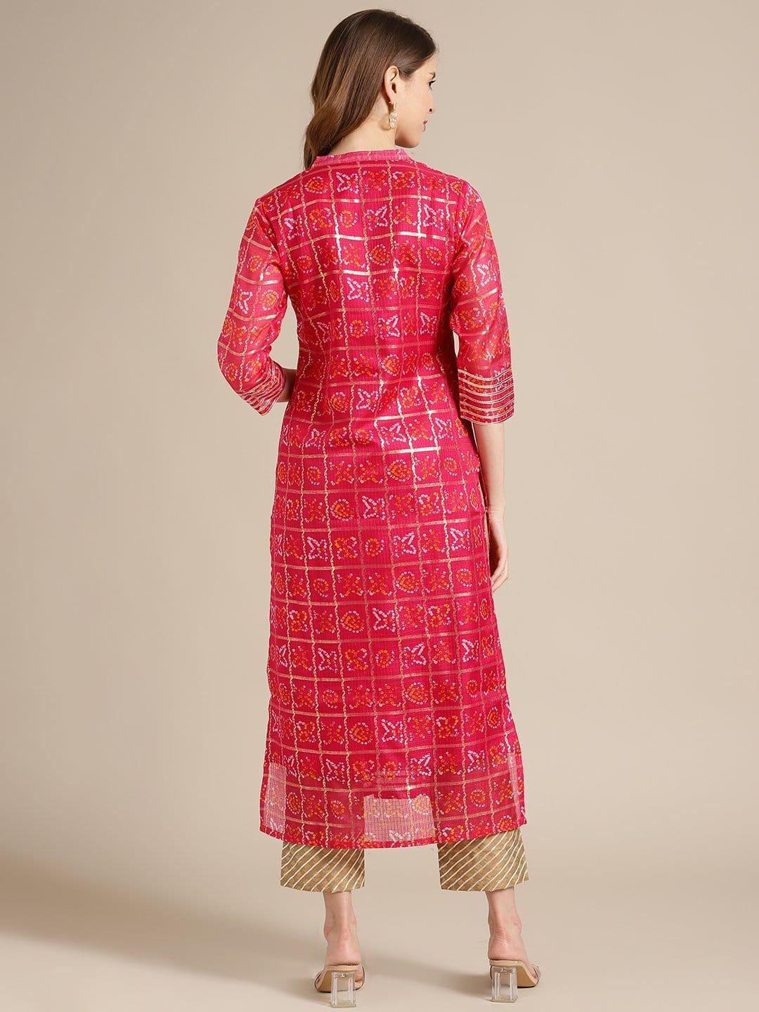 Pink And Gold Bandhej Kurta With Gota Embellishment On Yoke And Sleeves - Indiakreations