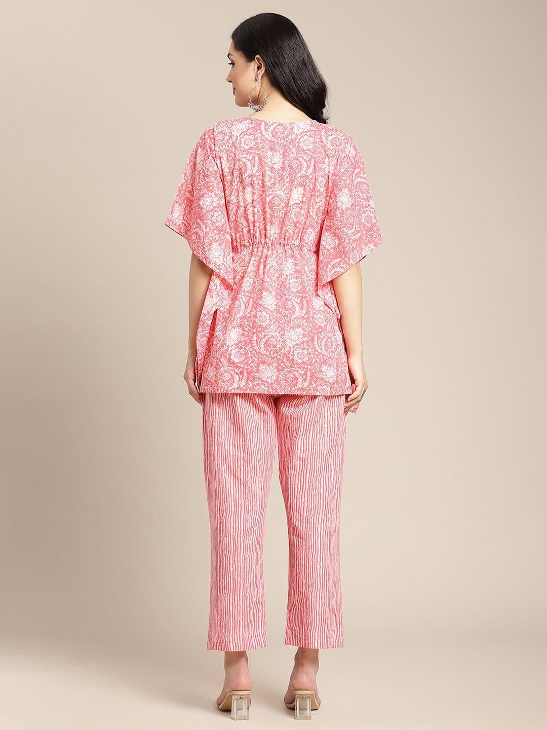 Peach Floral Printed Kaftaan With Straight Pants - Indiakreations