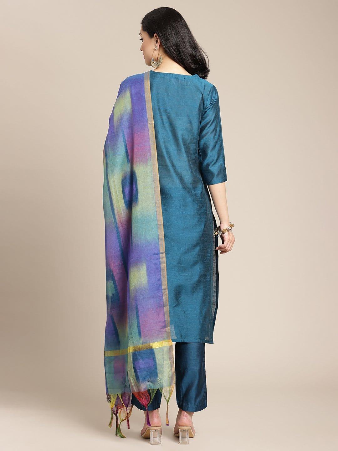 Teal Gota Patti Embroidery Kurta Trouser Set With Ikkat Weave Silk Dupatta - Indiakreations