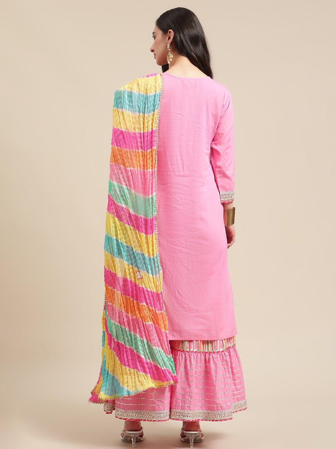 Pink Kurta Sharara Set With Leheriya Dupatta,Heavy Gota Lace Embellishment - Indiakreations