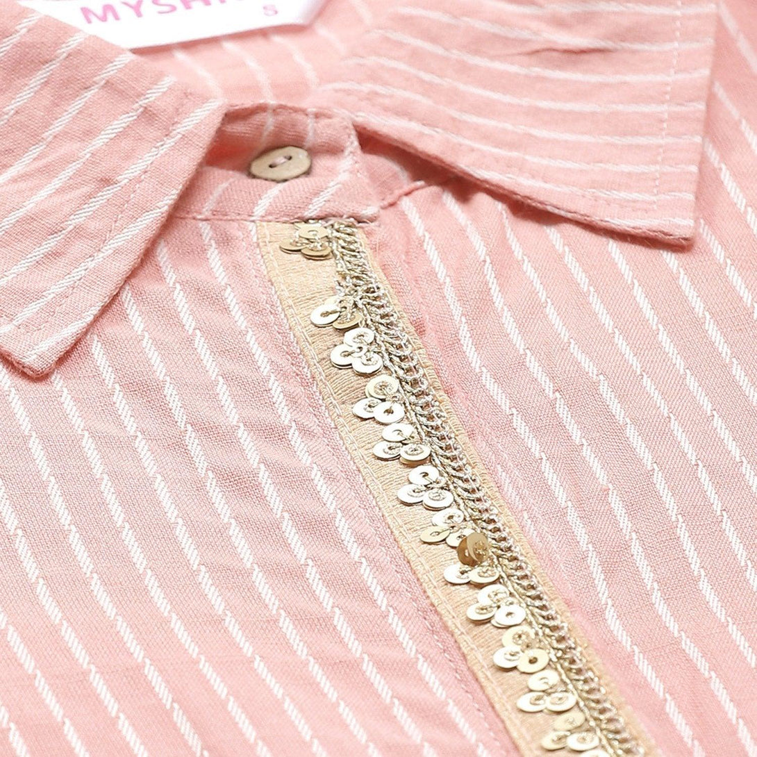 Women's Pink Cotton Check 3/4 Sleeve Shirt Collar Casual Kurta Only - Myshka - Indiakreations