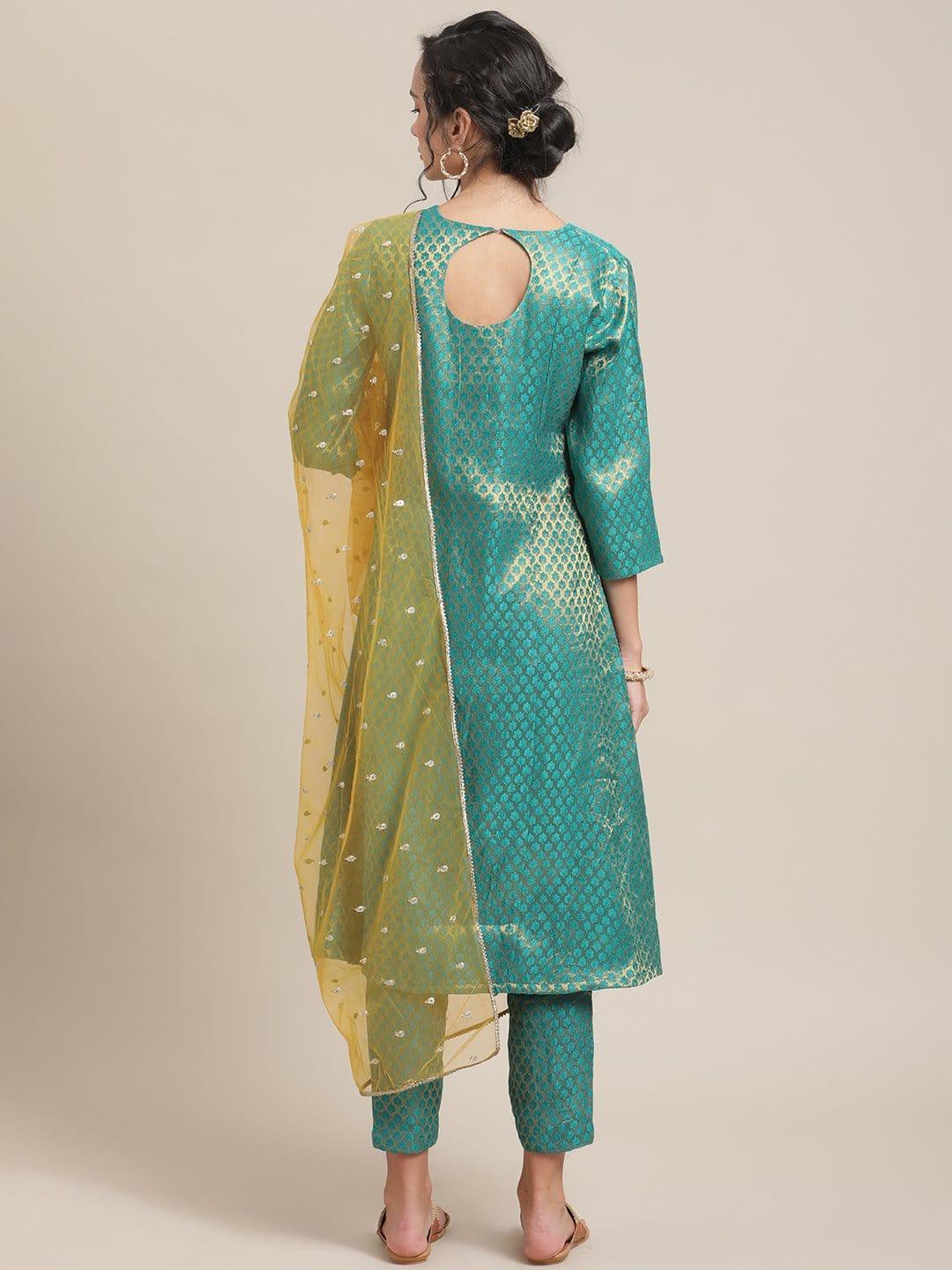 Teal Brocade Round Neck A-Line Kurta Paired With Brocade Trouser And Yellow Net Sequined Dupatta - Indiakreations