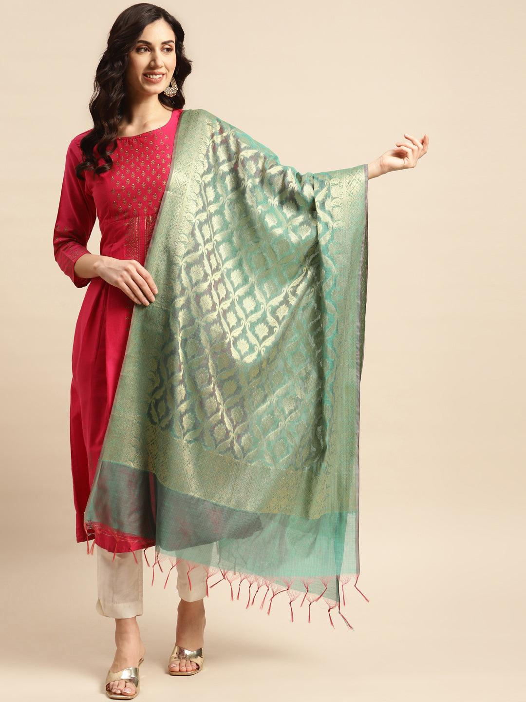 Women's Green Color Ethnic Motifs Woven Design Dupatta With Zari - Varanasi - Indiakreations