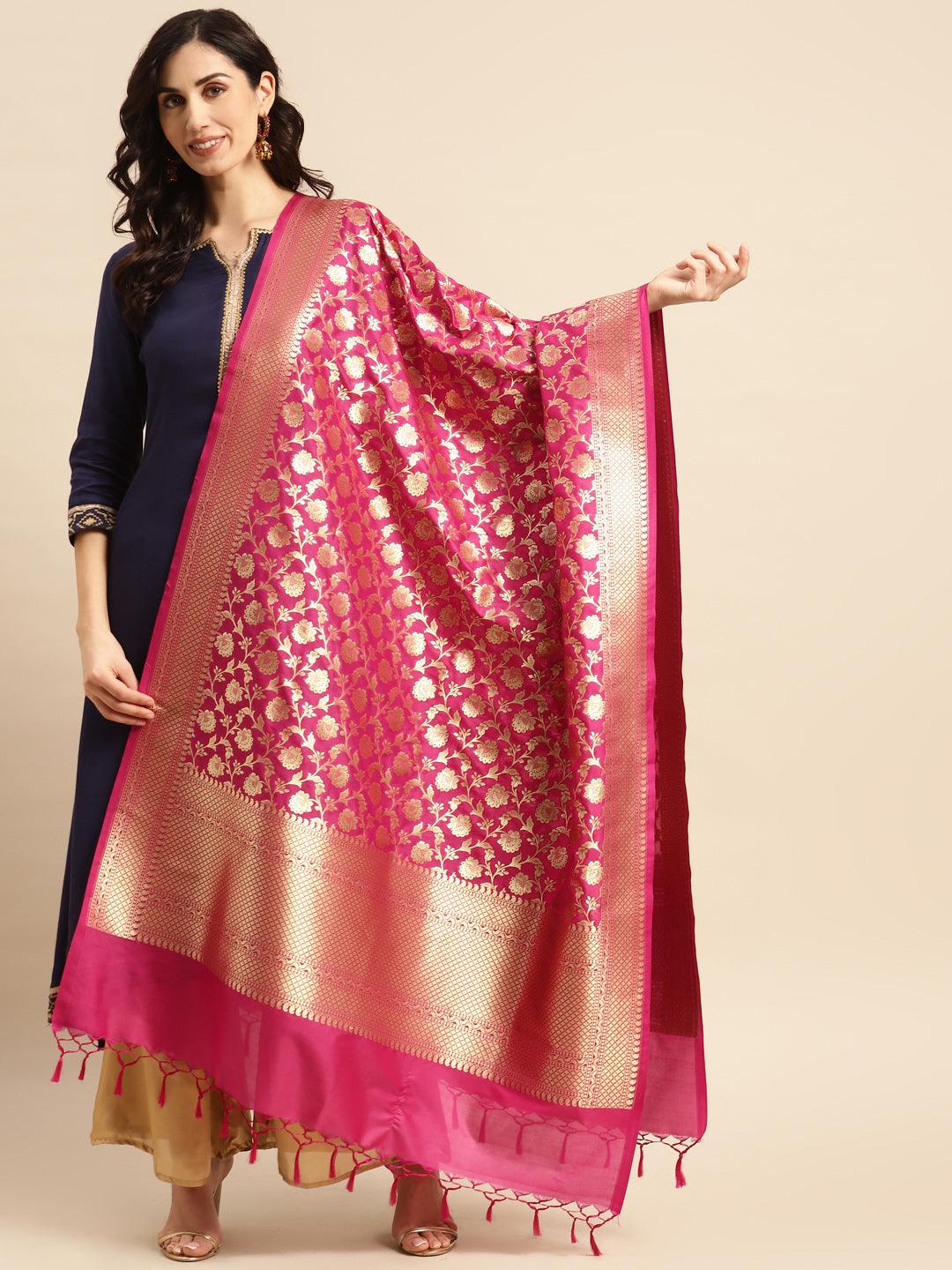 Women's Magenta Color Ethnic Motifs Woven Design Dupatta With Zari - Varanasi - Indiakreations