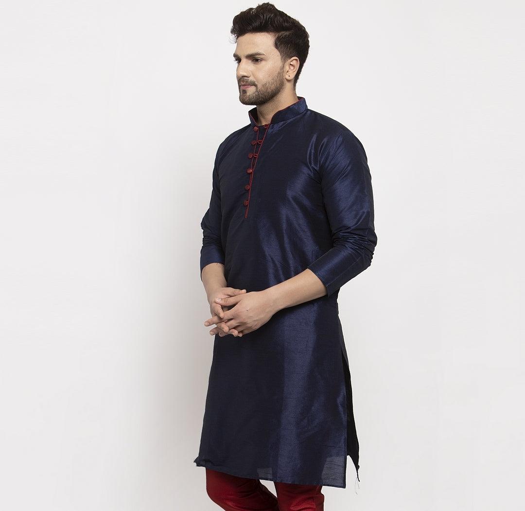 Men's Silk Blend Navy Blue Straight Long Kurta - Benstoke - Indiakreations