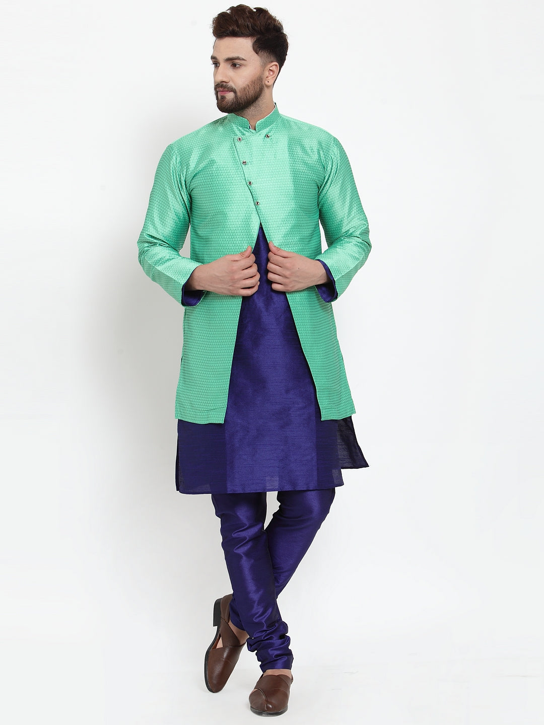 Men's Royal Blue Kurta With Pyjama & Sea Green Self Design Jacket - Benstoke