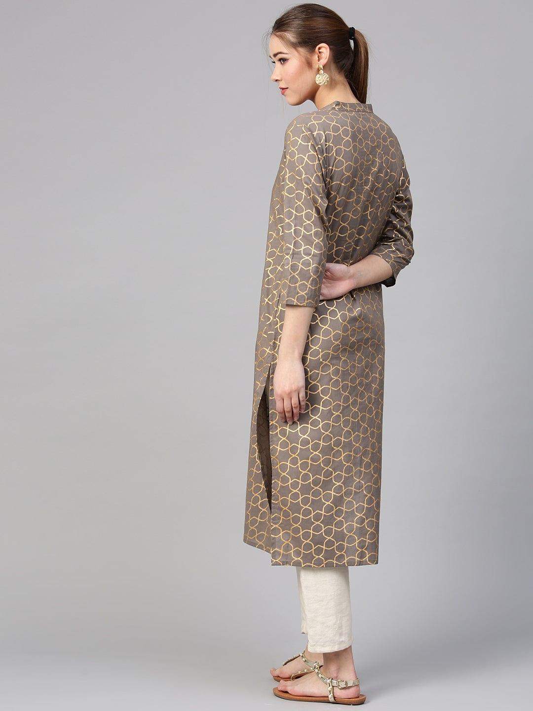 Varanga Women Grey & Golden Printed Straight Kurta - Indiakreations