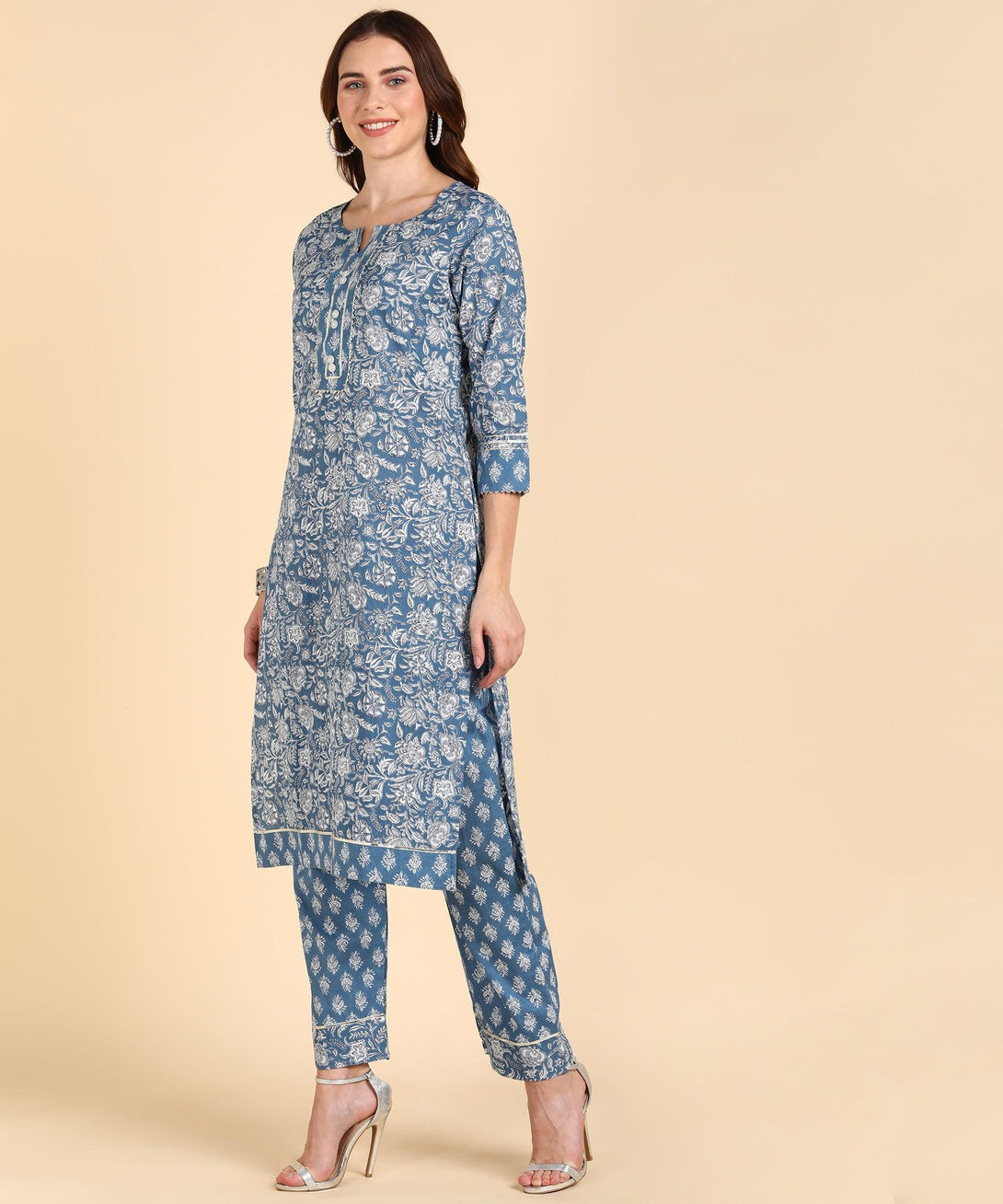 Women's Cotton Blue Printed Kurta With Pant - Noz2Toz - Indiakreations